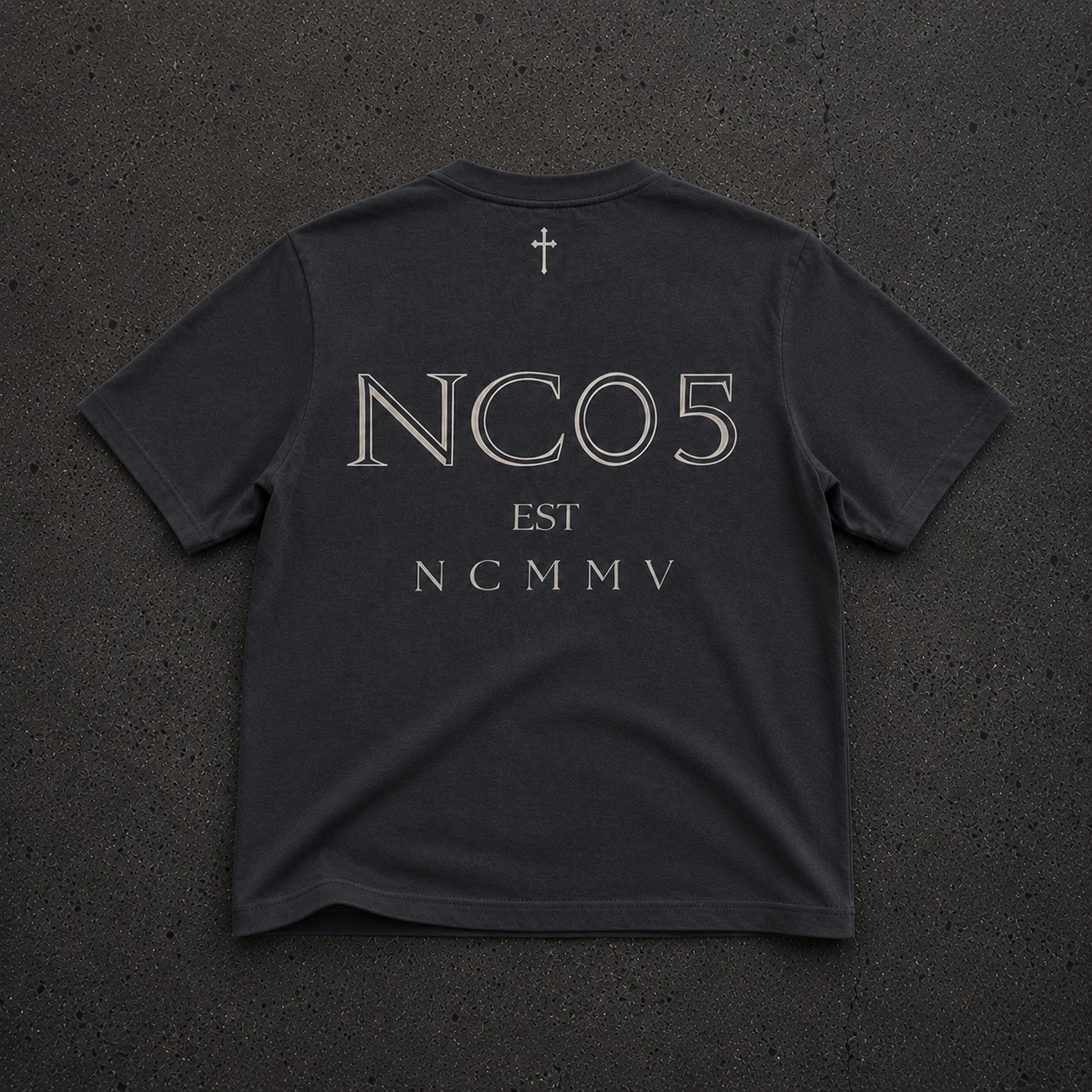 Back of charcoal black NC05 tee with large NC05 graphic